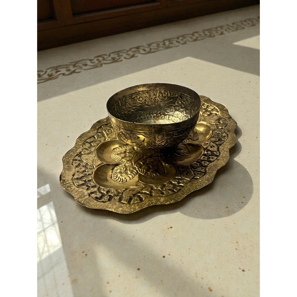Rare Vtg Moroccan Brass Pedestal Bowl & Tray Set Made in Morocco Ornate Engraved